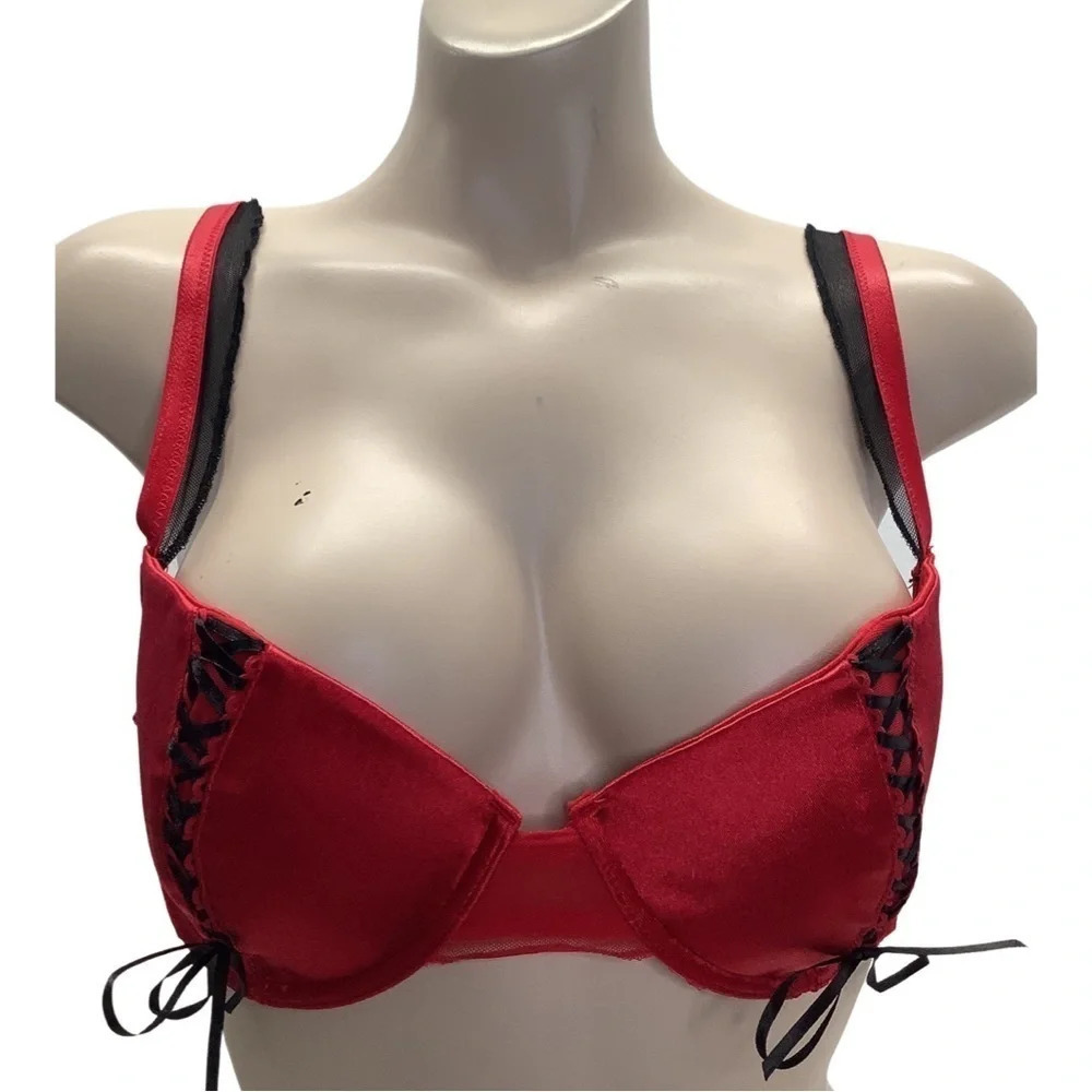 Popsi Size 36C Red Lace Up Underwire Bra W/Mesh Ruffle Trim (Preowned)
